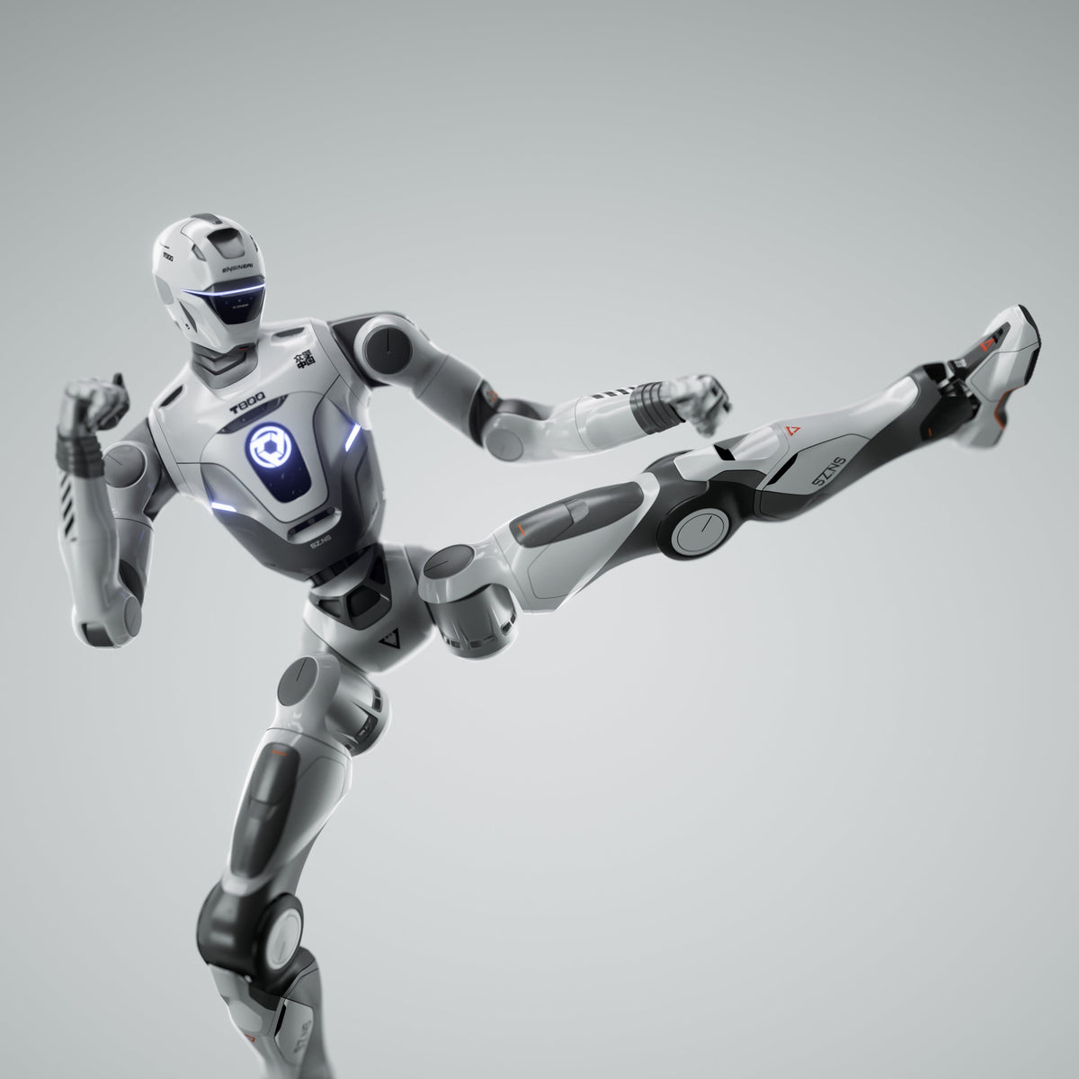 EngineAI T800 Open Source Edition humanoid robot performing a flying kick